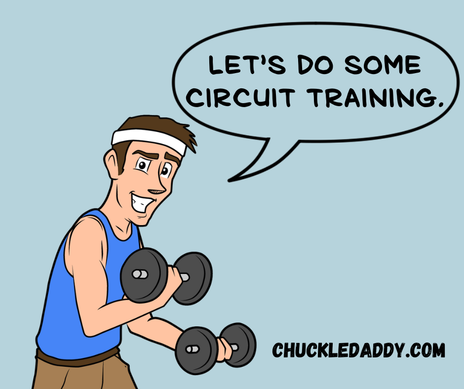 Chuckle daddy exercising and making the robot pun, "Let's do some circuit training."